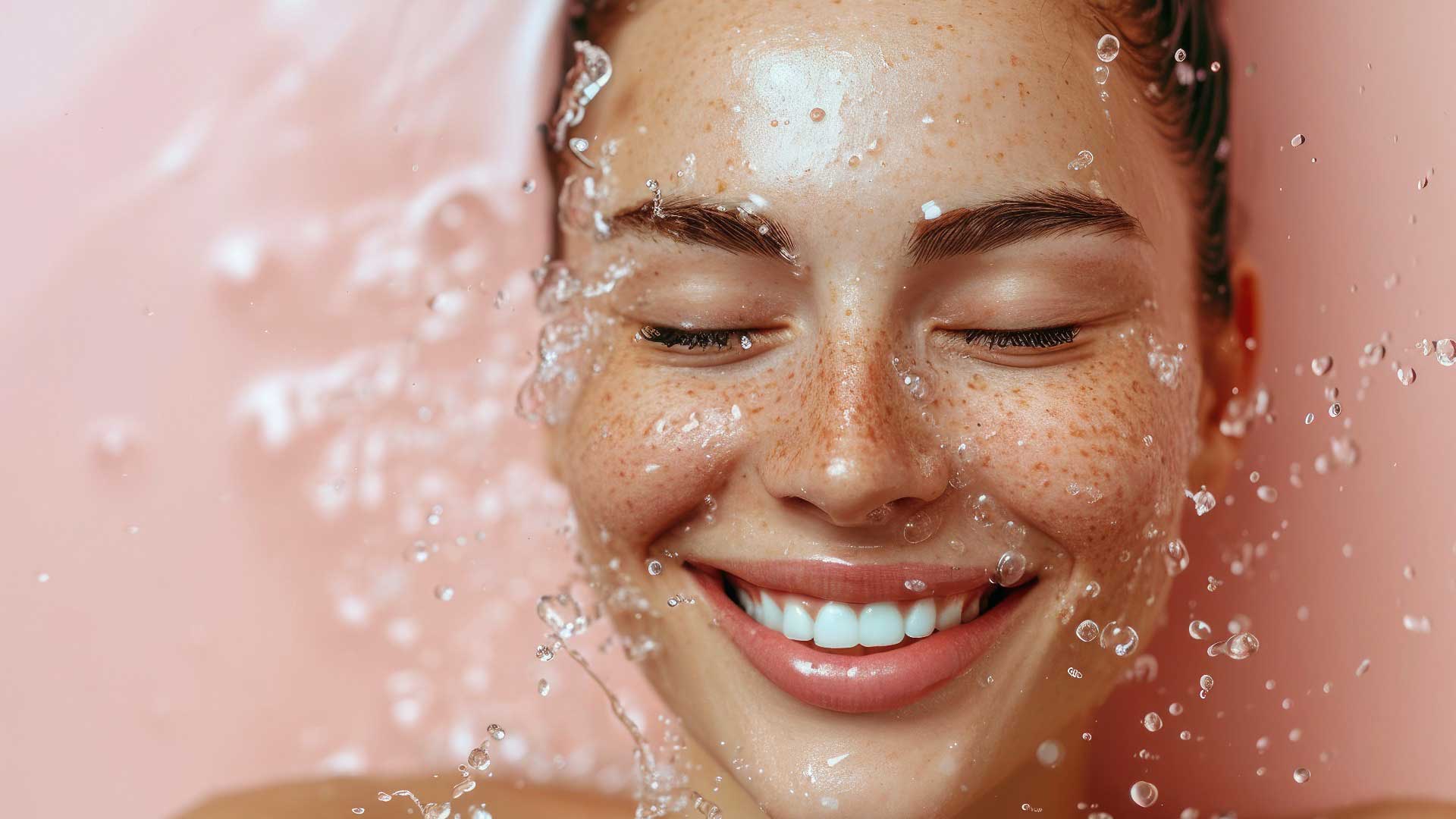 Eine lächelnde Person mit Sommersprossen, Wasser spritzt, Hintergrund rosa